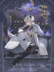 Rule 34 | 1girl, absurdres, arknights, black horns, black pantyhose, black shirt, blonde hair, closed mouth, cup, dragon horns, dragon tail, dress, fire, flame-tipped tail, full body, green eyes, hair over one eye, hand up, highres, holding, holding cup, horns, jacket, long hair, long sleeves, multiple horns, necrass (arknights), open clothes, open jacket, pantyhose, shirt, sitting, smile, solo, spilling, tail, torn clothes, torn pantyhose, user acun4253, white dress, white jacket