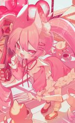 1girl animal_ear_fluff animal_ears apron blush cat_ears commentary dress extra_ears fang fork frilled_apron frilled_dress frills full_body hair_between_eyes hand_up high_heels highres holding holding_fork leaning_forward long_hair maid maid_apron neck_ribbon open_mouth original oversized_fork ozureiji pink_dress pink_eyes pink_hair pink_nails pink_theme red_ribbon red_shoes ribbon shoes skin_fang smile socks solo standing symbol-only_commentary tsurime twintails watermark white_apron white_socks