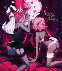1boy 2girls ama0805 animal_print ass bra coat colored_skin demon_boy demon_girl demon_tail fishnet_thighhighs fishnets fur-trimmed_coat fur_trim hat hazbin_hotel heart heart-shaped_eyewear highres lingerie long_coat looking_at_viewer multiple_girls pink_coat purple_skin red_eyes sharp_teeth tail teeth thighhighs underwear valentino_(hazbin_hotel) zebra_print