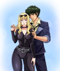 belt blonde_hair blue_eyes brown_eyes catsuit cowboy_bebop curly_hair heyra julia_(cowboy_bebop) leather spike_spiegel sunglasses