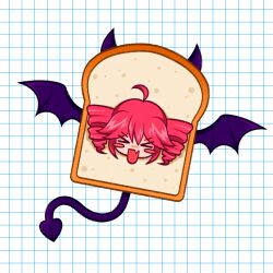 &gt;_&lt; 1girl ahoge blush_stickers bread bread_slice commentary cryptidhermit demon_horns demon_tail drill_hair english_commentary food grid_background highres horns kasane_teto open_mouth red_hair solo tail utau wings