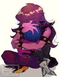 1girl 1other armlet armored_boots artist_name black_boots blue_hair boots bracelet claws colored_skin deltarune hair_over_eyes hug jewelry kris_(dark_world)_(deltarune) kris_(deltarune) long_hair pants purple_hair purple_pants purple_skin repikinoko short_hair signature sitting sitting_on_lap sitting_on_person spiked_armlet spiked_bracelet spikes susie_(dark_world)_(deltarune) susie_(deltarune) watermark