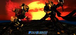 2boys armor barago_(garo) battle black_cape black_lion_rio cape character_request claws copyright_request daishi_(power_rangers) dark_knight fighting full_armor garo_(series) gauntlets glaive_(polearm) gloves helmet highres holding holding_sword holding_weapon huge_weapon juuken_sentai_gekiranger kiba knight multiple_boys polearm power_rangers power_rangers_jungle_fury shoulder_armor skull sunset super_sentai sword weapon