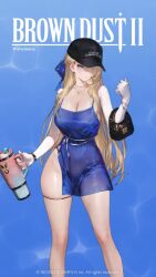 1girl animated bag baseball_cap bikini black_bag black_hat blonde_hair blue_eyes breasts brown_dust_(series) brown_dust_2 clothes_lift cup curvy dress earrings groin hair_over_one_eye hair_ribbon hand_up handbag hat high_heels highres holding holding_cup jewelry large_breasts legs long_hair mole mole_on_pussy necklace official_art partially_visible_vulva ribbon short_dress side_slit sleeveless sleeveless_dress solo swimsuit tagme thick_thighs thigh_strap thighs thong thong_bikini toes video wide_hips wilhelmina_(brown_dust) wind wind_lift
