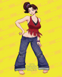 1girl baggy_pants barefoot bracelet brown_hair denim donkey_kong_(series) donkey_kong_bananza freckles full_body hand_on_own_hip highres jeans jewelry mario_(series) midriff navel nintendo pants pauline_(mario) self_cosplay smile solo theskywaker topknot yellow_background