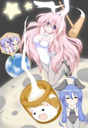 00s 4girls =_= ^^^ absurdres ahoge animal_ears armpits blue_hair earth_(planet) fake_animal_ears food glasses hammer highres hiiragi_kagami hiiragi_tsukasa izumi_konata kine leotard long_hair lucky_star mallet mochi mochitsuki mole mole_under_eye moon moon_rabbit mortar_(bowl) multiple_girls nyamou on_moon pantyhose pestle pink_hair planet playboy_bunny purple_eyes rabbit_ears siblings sisters star_(symbol) takara_miyuki thigh_gap twins unknown-otiba wagashi what