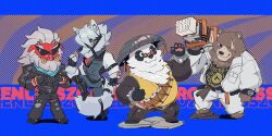 4boys animal_ears ascot bear_boy bear_ears beard ben_bigger big_daddy_(zenless_zone_zero) black_fur black_jacket black_pants black_tank_top black_vest blue_neckerchief boar_boy boar_ears bracelet brown_fur chain chibi chibi_only chinese_clothes closed_mouth commentary copyright_name cyanroll english_commentary english_text eyepatch facial_hair furry furry_male highres holding holding_pocket_watch holding_weapon jacket jewelry looking_at_viewer male_focus multicolored_fur multiple_boys neckerchief one_eye_covered over_shoulder pan_yinhu panda_boy pants pawpads pig_nose pocket_watch red_ascot round_eyewear scar scar_across_eye scar_on_face shirt smile spiked_bracelet spikes sunglasses tail tank_top tusks vest von_lycaon watch weapon weapon_over_shoulder white_fur white_hair white_jacket white_pants white_shirt wok wolf_boy wolf_ears wolf_tail yellow_shirt zenless_zone_zero