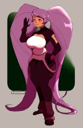 1girl aamonns absurdly_long_hair absurdres artist_name black_gloves breasts dark-skinned_female dark_skin entrapta full_body gloves hand_on_own_hip hand_up highres large_breasts long_hair parted_lips purple_eyes purple_hair she-ra_and_the_princesses_of_power solo standing twintails very_long_hair