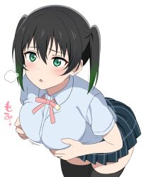 1girl bent_over black_hair black_thighhighs blush breasts breasts_squeezed_together collared_shirt commentary_request daichi777zz grabbing_own_breast gradient_hair green_eyes green_hair hair_between_eyes highres large_breasts looking_at_viewer love_live! love_live!_nijigasaki_high_school_idol_club meme multicolored_hair neck_ribbon next_time_you&#039;re_getting_this_(meme) nijigasaki_school_uniform pink_ribbon plaid_clothes plaid_skirt puff_of_air raised_inner_eyebrows ribbon school_uniform shirt skirt sound_effects summer_uniform takasaki_yu thighhighs twintails two-tone_hair white_background white_shirt zettai_ryouiki