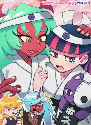 Rule 34 | !?, 4girls, blonde hair, blue hair, colored skin, demon girl, dougi, drinking, green eyes, green hair, high ponytail, highres, holding, holding stuffed toy, karate gi, kneesocks (psg), multiple girls, open mouth, oushiza towel, panty &amp; stocking with garterbelt, panty (psg), ponytail, red skin, scanty (psg), stocking (psg), stuffed toy, tears