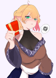1girl absurdres ahoge black_shirt blonde_hair blush breasts brown_shirt commentary_request cowboy_shot futanoki gift green_eyes half_updo high_ponytail highres holding holding_gift large_breasts looking_at_viewer mizuhashi_parsee open_mouth pointy_ears ponytail sash see-through_cleavage see-through_clothes shirt short_hair simple_background sleeveless sleeveless_shirt solo spoken_squiggle squiggle touhou undershirt valentine white_background white_sash wide_sleeves