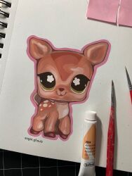 Rule 34 | :3, animal, animal focus, art tools in frame, brown fur, commentary, deer, english commentary, gouache (medium), green eyes, highres, hooves, littlest pet shop, lps deer 634, no humans, painting (medium), photo (medium), realistic, sketchbook, solo, sparkling eyes, spotted fur, sugar-ghoulz, toy, traditional media