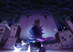 Rule 34 | 1other, absurdres, androgynous, armor, artist name, black pants, black sky, blue hair, breastplate, cape, commentary request, deltarune, eye symbol, facing away, feet out of frame, floating cape, from behind, from below, gauntlets, highres, kris (dark world) (deltarune), kris (deltarune), on one knee, outdoors, pants, pauldrons, purple cape, scenery, short hair, shoulder armor, sky, solo, sparkle, star (symbol), watawata22