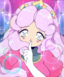 1990s_(style) 1girl bad_id bad_twitter_id bishoujo_senshi_sailor_moon blue_background blue_eyes bright_pupils bubble closed_mouth collared_dress commentary dot_nose dress elbow_gloves english_commentary eyelashes eyeshadow faux_retro_artstyle gloves gold_tiara gradient_background happy head_tilt heart heart-shaped_pupils high_collar honeymoonpetal light_blush light_particles lipstick long_hair looking_at_viewer makeup murid_(sailor_moon) official_style pink_background pink_dress pink_eyeshadow pink_hair pink_lips princess puffy_short_sleeves puffy_sleeves retro_artstyle short_sleeves smile solo sparkle symbol-shaped_pupils tareme tiara upper_body very_long_hair wavy_hair white_gloves white_pupils
