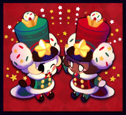 2others ;d akibevillage black_border black_eyes black_shoes blonde_hair bob_cut border brown_gloves brown_hair buttons cape checkered_background closed_mouth colored_skin commentary_request cookie_run cookie_run:_ovenbreak dark_skin double-breasted full_body fur-trimmed_cape fur_trim gloves green_cape green_hat green_pants hat hat_ornament highres long_sleeves looking_at_viewer multiple_others no_pupils official_alternate_costume one_eye_closed open_mouth other_focus pants pawn_black_cookie pawn_black_cookie_(winter_guard) pawn_white_cookie pawn_white_cookie_(winter_guard) red_background red_cape red_hat red_pants shako_cap shoes short_hair siblings simple_background smile star_(symbol) star_hat_ornament twins white_eyes white_gloves white_skin