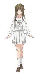 1girl anime_coloring arms_at_sides braid closed_mouth collarbone full_body green_eyes green_hair green_hairband hair_ornament hairband hairpin katsuragi_haruka loafers long_hair long_sleeves looking_at_viewer mob_kara_hajimaru_tansaku_eiyuutan ribbon school_uniform serafuku shoes simple_background skirt smile socks solo standing tachi-e white_ribbon white_socks yasuda_shouko
