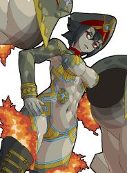 1girl abs areola_slip army_uniform boots breasts colored_skin fire glasses green_skin large_breasts lol_(harikofu) multiple_limbs muscular newt_(xenoblade) nintendo short_hair simple_background solo thigh_boots thighhighs xenoblade_chronicles_(series) xenoblade_chronicles_2
