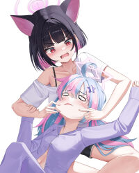 Rule 34 | 2girls, ahoge, alternate costume, angry, animal ears, black hair, black shorts, blue archive, blue hair, blunt bangs, blunt ends, blush, bob cut, casual, cat ears, cat girl, chanpower233, cheek pinching, collarbone, collared shirt, commentary, d:, dress shirt, extra ears, eyelashes, fang, feet out of frame, fighting, fingernails, frown, furrowed brow, hair between eyes, hair intakes, hair ornament, hairclip, halo, hand on another&#039;s arm, highres, kazusa (blue archive), knee up, long hair, looking at another, looking down, low twintails, lying, multicolored hair, multiple girls, navel, o o, on back, on lap, open mouth, partially unbuttoned, pinching, pink hair, pink halo, purple shirt, red eyes, reisa (blue archive), shirt, short hair, short sleeves, shorts, sidelighting, simple background, single bare shoulder, sitting, sleeves past wrists, star (symbol), star hair ornament, star halo, streaked hair, t-shirt, tearing up, twintails, two-tone hair, v-shaped eyebrows, white background, white shirt