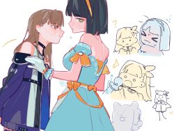 &gt;_&lt; 2girls ^^^ ampere_(love_live!) averting_eyes backless_dress backless_outfit bare_shoulders black_choker black_hair black_shirt blue_coat blue_dress blunt_bangs blunt_ends blush bob_cut braid breasts brown_hair celebration!_(love_live!) center-flap_bangs choker closed_mouth coat commentary dress full-face_blush green_eyes highres kachimachi_kosuzu link!_like!_love_live! looking_at_another love_live! medium_breasts momose_ginko multiple_girls multiple_views o-ring o_o off-shoulder_coat off_shoulder official_alternate_costume open_mouth pink_eyes pipi_(m1x_mix) profile shirt short_hair side_braids sleeveless sleeveless_shirt strapless strapless_dress sweatdrop symbol-only_commentary virtual_youtuber wavy_mouth
