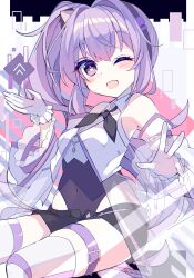 1girl absurdres ai-chan_(arcaea) arcaea belt black_leotard black_shorts blush clover_39 cowboy_shot dress gloves hand_up highres jacket leotard looking_at_viewer one_eye_closed open_mouth purple_eyes purple_hair see-through_clothes see-through_jacket shorts side_ponytail smile solo thigh_belt thigh_strap white_dress white_gloves