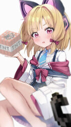 1girl absurdres animal_ear_headphones animal_ears bare_legs black_skirt blonde_hair blue_archive blue_necktie blush bow cat_ear_headphones commentary explosive fake_animal_ears hair_bow headphones highres huge_filesize jacket knee_up lighter loli long_sleeves looking_at_viewer minecraft momoi_(blue_archive) necktie open_mouth pink_eyes shirt short_hair short_necktie sitting skirt solo tearing_up tears tnt tnt_block_(minecraft) wendao white_jacket white_shirt