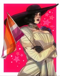Rule 34 | 1girl, 666chevy, alcina dimitrescu, black flower, black hair, black rose, breasts, cleavage, corsage, dress, earrings, flower, gloves, hat, highres, jewelry, lesbian flag, looking at viewer, mature female, necklace, pale skin, red lips, resident evil, resident evil village, rose, short hair, solo, sun hat, tall female, white dress