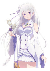 1girl absurdres bare_shoulders blue_pupils blunt_bangs blush braid breasts bright_pupils cat cleavage closed_mouth clothing_cutout collar commentary cowboy_shot cropped_legs crown_braid detached_collar detached_sleeves dress earrings emilia_(re:zero) flower gem green_gemstone grey_cat grey_hair hair_flower hair_ornament hair_ribbon highres jewelry long_hair long_sleeves looking_at_viewer low-tied_long_hair medium_breasts miniskirt nishizuki_shino pointy_ears puck_(re:zero) purple_bag purple_eyes purple_ribbon re:zero_kara_hajimeru_isekai_seikatsu ribbon rose short_dress shoulder_cutout simple_background single_earring skirt skirt_under_dress smile strapless strapless_dress very_long_hair white_background white_collar white_dress white_flower white_rose white_skirt wide_sleeves x_hair_ornament