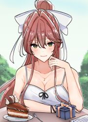 box bracelet breasts breasts_squeezed_together cake cake_slice cleavage day doki_doki_literature_club elbow_rest food fork gift gift_box green_eyes hair_ribbon hand_on_own_chin hand_up head_tilt high_ponytail highres jewelry looking_at_viewer monika_(doki_doki_literature_club) outdoors paper pink_hair ponytail pov ribbon sidelocks smile table tank_top tree viewer_self-insert whipped_cream white_tank_top yananeruu