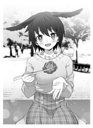 1girl black_hair chicken_(food) chopsticks contemporary dress fate/grand_order fate_(series) food fried_chicken greyscale holding holding_chopsticks looking_at_viewer meiji_ken monochrome open_mouth ortlinde_(fate) picnic short_hair sitting smile solo sweater valkyrie_(fate)