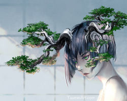 1girl antlers bare_shoulders black_hair bonsai close-up commentary english_commentary female_focus green_eyes horns lips original painting_(action) pale_skin profile short_hair simple_background solo third-party_source watermark web_address yuumei