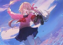 Rule 34 | 1girl, armband, bandaid, bandaid on leg, black sailor collar, black skirt, blonde hair, blush, commentary request, fangs, hair ornament, highres, holding, holding fireworks, holding shoes, looking at viewer, low twintails, natori sana, natori sana (school uniform), neckerchief, nllget, one eye closed, open mouth, outdoors, pink shirt, rabbit hair ornament, red armband, red eyes, red neckerchief, sailor collar, sana channel, school uniform, serafuku, shirt, shoes, skirt, solo, teeth, twintails, virtual youtuber, wading, water, watermark