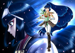 Rule 34 | 2girls, blue eyes, blue hair, boots, dual persona, eyeshadow, full body, gloves, grin, japanese clothes, kayura, kimono, leotard, long hair, looking at viewer, makeup, multiple girls, pantyhose, petals, ponytail, ronin warriors, sidelocks, smile, sunrise (company), sword, upper body, weapon, yoroiden samurai troopers