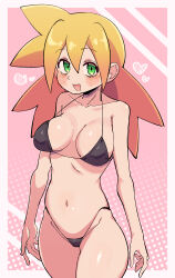 Rule 34 | 1girl, absurdres, bikini, black bikini, blonde hair, breasts, buzzlyears, cowboy shot, green eyes, heart, highres, large breasts, long hair, mega man (series), mega man legends (series), navel, pink background, roll caskett (mega man), simple background, solo, swimsuit