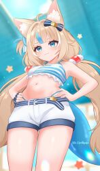 Rule 34 | 1girl, absurdres, ahoge, aki hoshino, animal ear fluff, animal ears, bikini, blonde hair, blue bikini, blue bow, blue eyes, blue hair, blue scrunchie, bow, breasts, cat ears, closed mouth, fins, fish girl, fish tail, hair bow, hands on own hips, highleg, highleg bikini, highres, indie virtual youtuber, looking at viewer, multicolored hair, one side up, sameko saba, scrunchie, short shorts, shorts, small breasts, smile, solo, starfish, streaked hair, striped bikini, striped clothes, swimsuit, tail, two-tone hair, virtual youtuber, white shorts