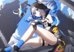 1girl animal_ear_hood animal_ears black_gloves black_jacket black_shorts blue_sky blue_socks breasts bronya_zaychik bronya_zaychik_(haxxor_bunny) bullpup closed_mouth drill_hair drone fake_animal_ears gloves grey_eyes grey_hair gun highres honkai_(series) honkai_impact_3rd hood jacket looking_at_viewer outdoors p90 second-party_source shorts sky small_breasts smile socks solo submachine_gun twin_drills weapon