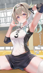 1girl adjusting_hair alternate_costume alternate_hairstyle aqua_nails arm_up armpits artist_name black_hairband black_shorts blush breasts closed_mouth commentary_request dot_mouth elbow_pads fingernails firefly_(honkai:_star_rail) grey_hair gym hair_ornament hairband highres honkai:_star_rail honkai_(series) kabu_usagi large_breasts long_hair looking_at_viewer midriff_peek nail_polish on_floor paid_reward_available ponytail print_shirt purple_eyes see-through_silhouette shirt shorts signature sitting sleeveless sleeveless_shirt solo split sportswear thighhighs thighs translation_request tying_hair volleyball_uniform white_shirt white_thighhighs