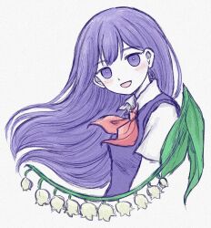 1girl :d blush bright_pupils colored_skin commentary cropped_torso double-parted_bangs english_commentary film_grain flower grey_background hair_behind_ear highres leaf lily_of_the_valley long_hair looking_at_viewer mari_(headspace)_(omori) mari_(omori) neckerchief omori open_mouth purple_eyes purple_hair purple_sweater_vest qq_(oooomoribiglove) red_neckerchief shirt short_sleeves simple_background smile solo sweater_vest white_flower white_pupils white_shirt white_skin