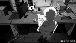 1girl beaker book book_stack boots bulletin_board cable capelet chinese_commentary coattails commentary_request corallo from_behind full_body greyscale highres indoors lab_coat laboratory len&#039;en medium_hair monitor monochrome multiple_girls on_chair paper paper_stack reading shadow shelf shitodo_hoojiro sitting solo tile_floor tiles watermark weibo_watermark xbox_logo