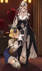 Rule 34 | 2girls, azuki (azuki azukki), belt, black choker, black dress, black footwear, black gloves, black tiara, blonde hair, blue eyes, blush, boots, braid, breasts, cape, carpet, choker, circlet, cleavage, closed eyes, clothes lift, commission, commissioner upload, curtains, drawer, dress, earrings, eir (fire emblem), fire emblem, fire emblem heroes, fire emblem warriors, flower, flower hairpin, frilled skirt, frilled sleeves, frills, gloves, gold circlet, gold tiara, hair flower, hair ornament, hairpin, highres, holding another&#039;s hair, holding another&#039;s leg, jewelry, kiss, kneeling, lamp, large breasts, lianna (fire emblem), long hair, long sleeves, multiple girls, nintendo, ponytail, short hair, sidelocks, skirt, skirt lift, sunflower, sunflower hair ornament, thigh boots, thigh strap, tiara, tree, trembling, vase, wall lamp, white dress, white hair, yuri