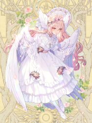 Rule 34 | 1girl, angel wings, ballet slippers, brown hair, dairoku ryouhei, dress, dress flower, flower, full body, gloves, hair between eyes, hair flower, hair ornament, hat, head wings, iris petal, long hair, shizuya (szy tw), standing, very long hair, white dress, white footwear, white gloves, white hat, white wings, winged footwear, wings, yellow background, yellow eyes