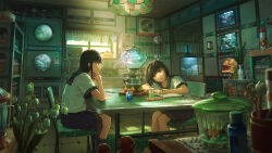 Rule 34 | 2girls, absurdly detailed composition, black skirt, bottle, brown hair, commentary request, highres, indoors, loaded interior, long hair, looking at object, medium hair, multiple girls, open mouth, original, paper, pen, plant, revision, scenery, school uniform, short sleeves, sitting, skirt, sugi87, table, test tube, window