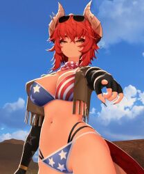 1girl 3d american_flag bandana bikini cowboy_clothes cowgirl_(western) dragon_girl dragon_tail horns red_eyes red_hair sunglasses_on_head swimsuit tail virtual_youtuber vshojo zentreya