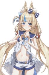 Rule 34 | 1girl, absurdres, ahoge, animal ear fluff, animal ears, bikini, bikini under clothes, blonde hair, blue bikini, blue bow, blue eyes, blue hair, blue sailor collar, blunt bangs, bow, cat ears, commentary, cowboy shot, dress, fins, fish girl, fish tail, frilled bikini, frilled sailor collar, frills, hair bow, heart, heart hands, highleg, highleg bikini, highres, indie virtual youtuber, lifebuoy hair ornament, long hair, looking at viewer, low twintails, multicolored hair, navel, one side up, sailor collar, sailor dress, sameko saba, samukzz, scrunchie, short shorts, shorts, side-tie bikini bottom, simple background, sleeveless, sleeveless dress, solo, stomach, streaked hair, striped bikini, striped clothes, swimsuit, symbol-only commentary, tail, twintails, unbuttoned, very long hair, virtual youtuber, white background, white dress, white hair, white shorts, wrist scrunchie