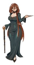 1girl absurdres alohapz artist_name black_choker breasts brown_hair cane choker cleavage collarbone curvy dress earrings frilled_cuffs green_dress green_eyes highres hoop_earrings jewelry large_breasts long_hair original signature solo thick_thighs thighs tight_clothes tight_dress very_long_hair wand wide_hips