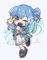 1girl ;d black_shoes blue_cardigan blue_eyes blue_hair blue_ribbon blush_stickers cardigan chibi chibi_only commentary_request full_body hair_ribbon hand_up holding holding_microphone hololive hoshimachi_suisei hoshimachi_suisei_(school_uniform) long_hair long_sleeves looking_at_viewer microphone official_alternate_costume one_eye_closed open_cardigan open_clothes open_mouth pleated_skirt ribbon shoes signature simple_background skirt smile solo standing standing_on_one_leg uzumaki_osushi v virtual_youtuber white_background white_skirt