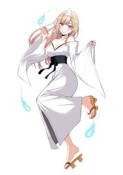 1girl absurdres batto_neko black_sash blonde_hair blush breasts brown_sandals cleavage commentary ear_piercing full_body grin highres hitodama japanese_clothes kimono kitagawa_marin long_hair looking_at_viewer medium_breasts piercing red_eyes sandals sash simple_background smile solo sono_bisque_doll_wa_koi_wo_suru teeth triangular_headpiece white_background white_kimono wide_sleeves