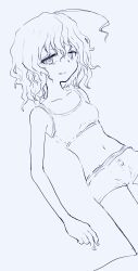 1girl absurdres ahoge bags_under_eyes boyshort_panties bra breasts collarbone feet_out_of_frame greyscale grin half-closed_eyes highres kagaku_chop lineart looking_at_viewer medium_breasts medium_hair monochrome navel payama simple_background smile solo stomach suzuzono_sai tareme training_bra underwear underwear_only wavy_hair