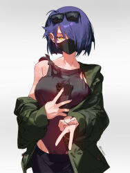 1girl blue_hair breasts cellphone coat eyewear_on_head gradient_background green_coat hair_over_one_eye highres holding holding_phone large_breasts leotard long_hair long_sleeves looking_at_viewer mask mole mole_under_eye mouth_mask off_shoulder open_clothes open_coat original phone phone_between_breasts raneblu short_hair single_bare_shoulder smartphone solo sunglasses twitter_username upper_body v very_long_hair yellow_eyes