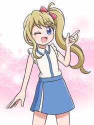 Rule 34 | 1girl, ;d, aokaze nana, aokaze nana (cosplay), bare legs, blonde hair, blue eyes, blue skirt, blue trim, blush, cocotama (series), collared shirt, commentary, cosplay, cowboy shot, dot nose, frilled sleeves, frills, hair ornament, hair ribbon, hand up, highres, hoshinogawa haruka, index finger raised, karon-t, kimi to idol precure, kirakira happy hirake! cocotama, lace background, legs apart, long hair, looking at viewer, one eye closed, open mouth, pink background, pink ribbon, pleated skirt, ponytail, precure, ribbon, shirt, short sleeves, side ponytail, skirt, smile, solo, standing, takahashi minami (voice actor), voice actor connection, white background, white shirt