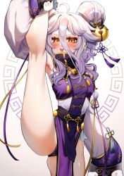 1girl absurdres ahoge bell black_bow black_panties blush bow double_bun dress fushi_yohaku hair_bell hair_between_eyes hair_bow hair_bun hair_ornament henya_the_genius henya_the_genius_(kung-fu_henya) highres leg_up long_hair open_mouth panties pelvic_curtain pom_pom_(clothes) purple_dress sleeves_past_fingers sleeves_past_wrists smile tassel underwear virtual_youtuber vshojo yellow_eyes